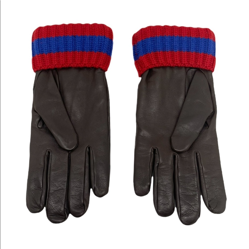 Gucci New Dark Brown Leather Web Signature Lambskin Cashmere Men’s Gloves - Picture 4 of 10